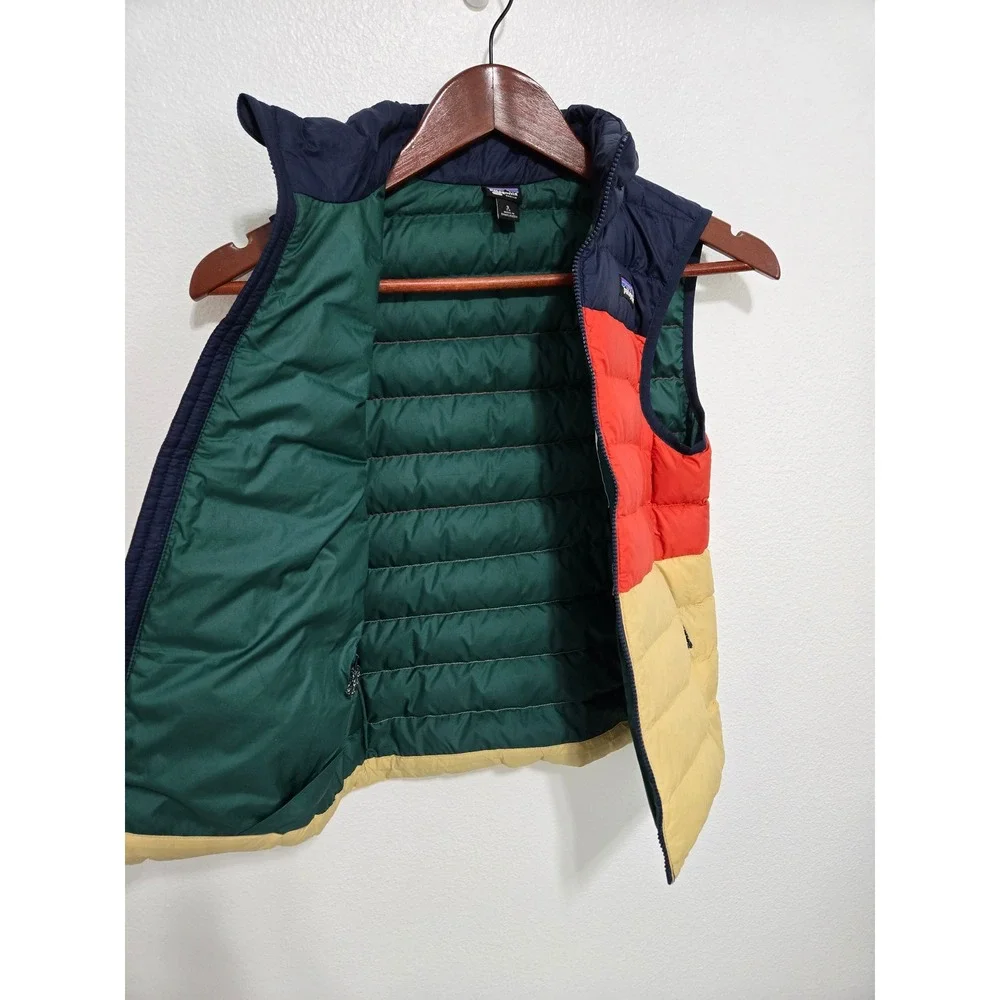 Patagonia Kids Down Sweater Vest Blue Red Tan Colorblock Puffer Small (7-8)